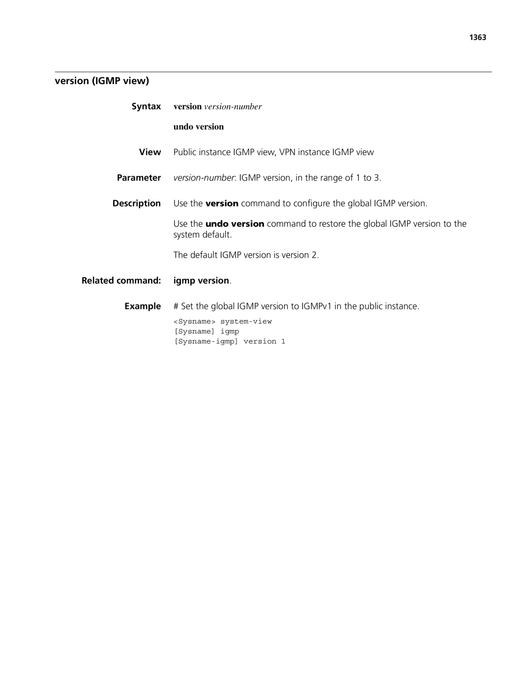 3Com MSR 50, MSR 30 manual Version Igmp view, Related command igmp version, 1363 