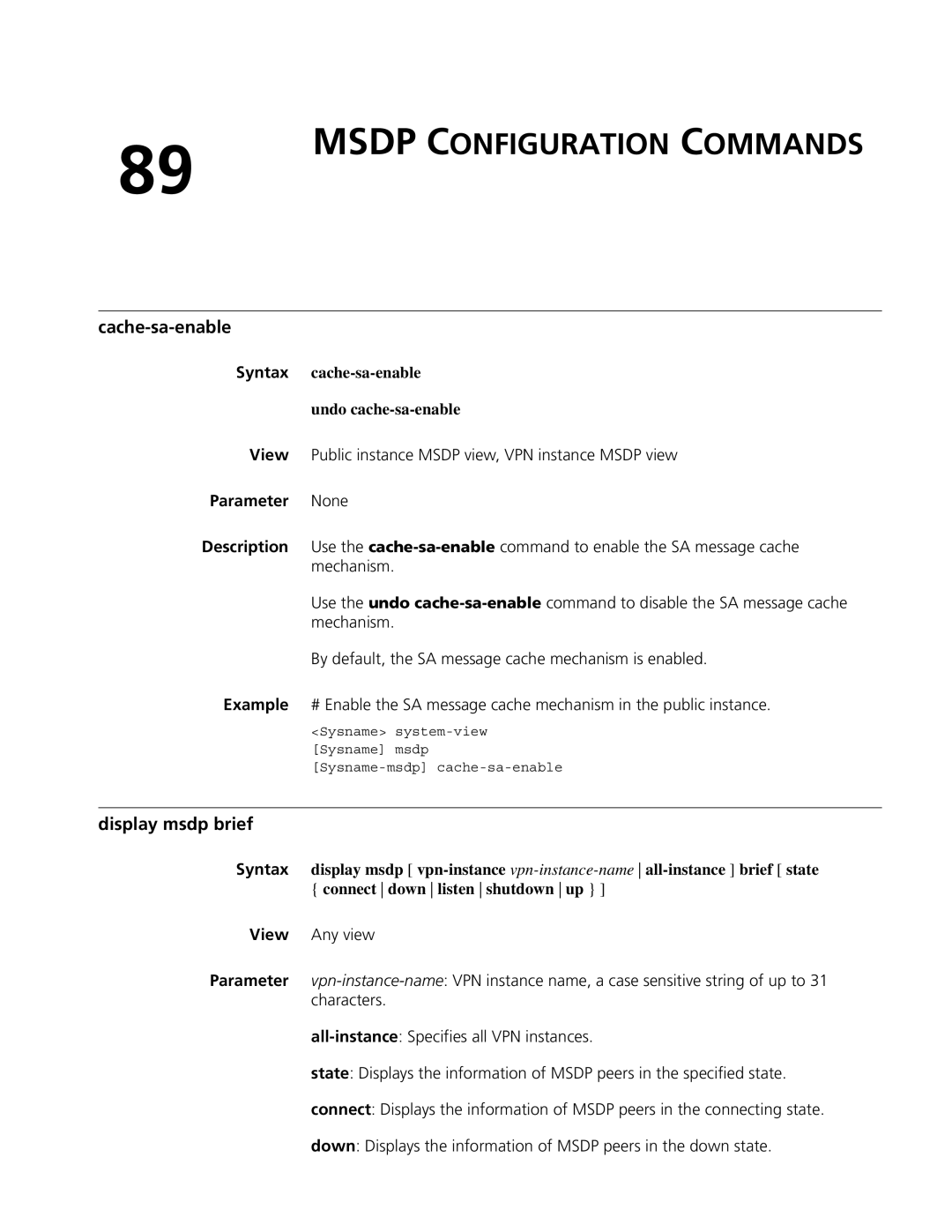 3Com MSR 50, MSR 30 manual Msdp Configuration Commands, Cache-sa-enable, Display msdp brief, Characters 