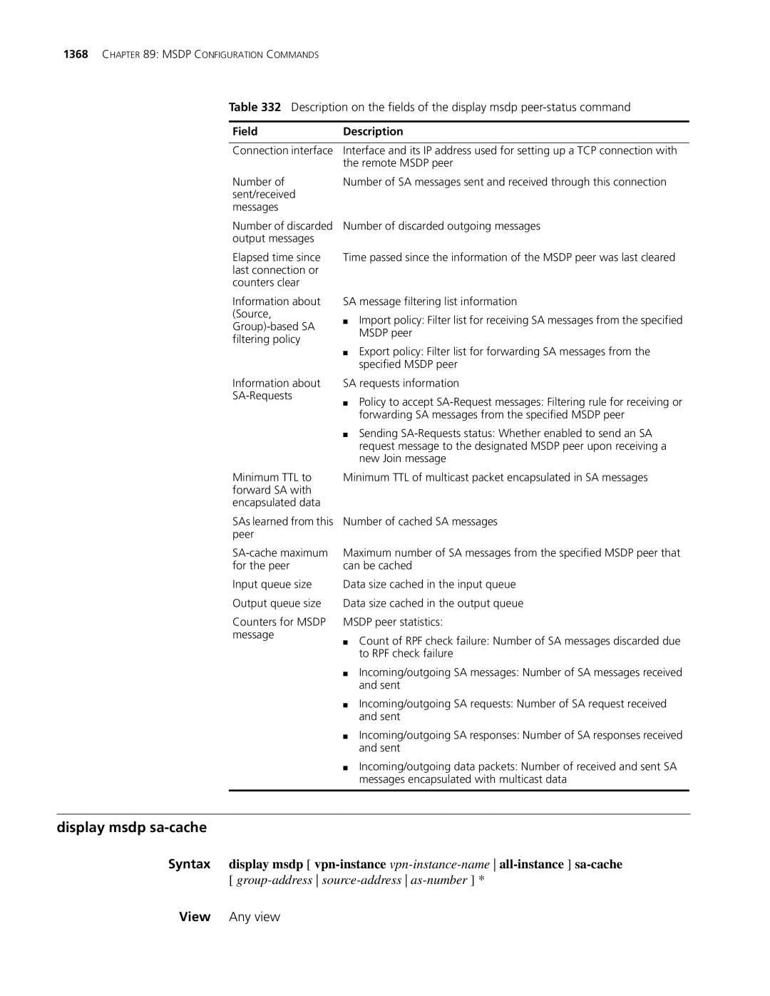 3Com MSR 30, MSR 50 manual Display msdp sa-cache, View Any view 