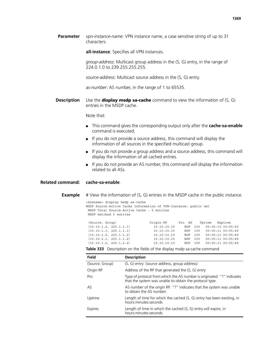 3Com MSR 50, MSR 30 manual Related command cache-sa-enable, 1369 