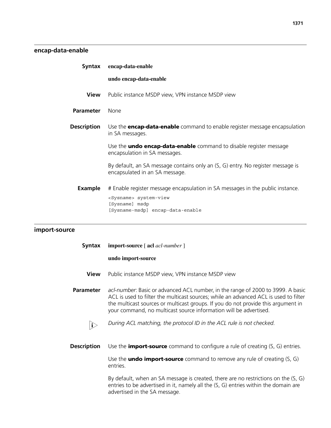 3Com MSR 50, MSR 30 manual Encap-data-enable, Import-source, Syntax encap-data-enable Undo encap-data-enable 