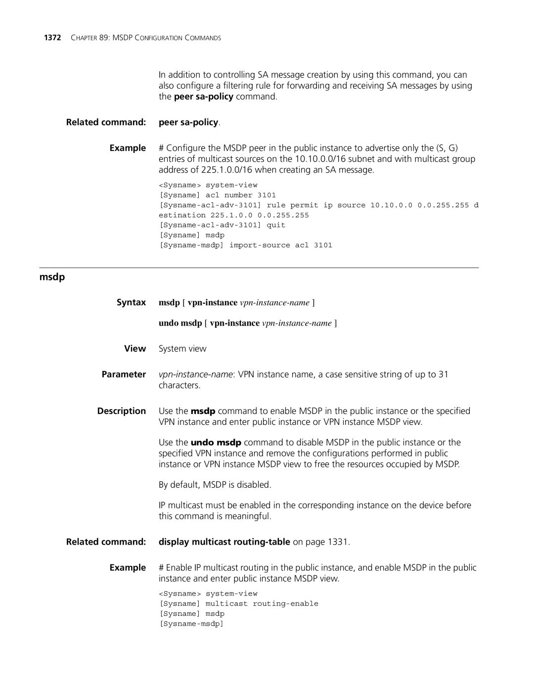 3Com MSR 30, MSR 50 manual Msdp, Related command peer sa-policy, Related command display multicast routing-tableon 