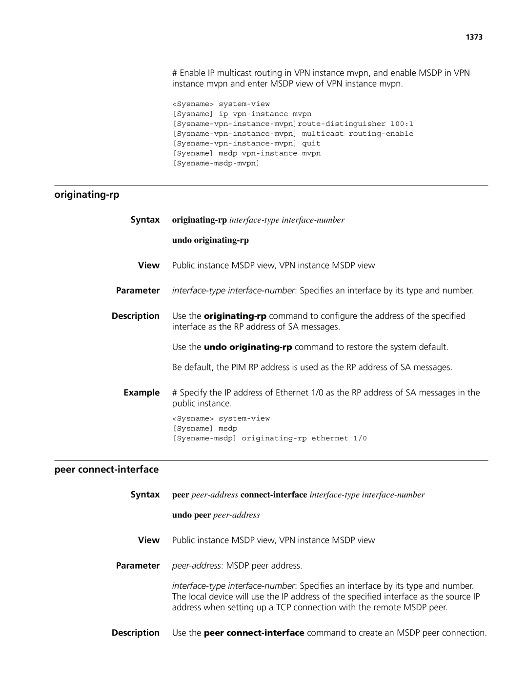 3Com MSR 50, MSR 30 manual Originating-rp, Peer connect-interface, Undo originating-rp, 1373 