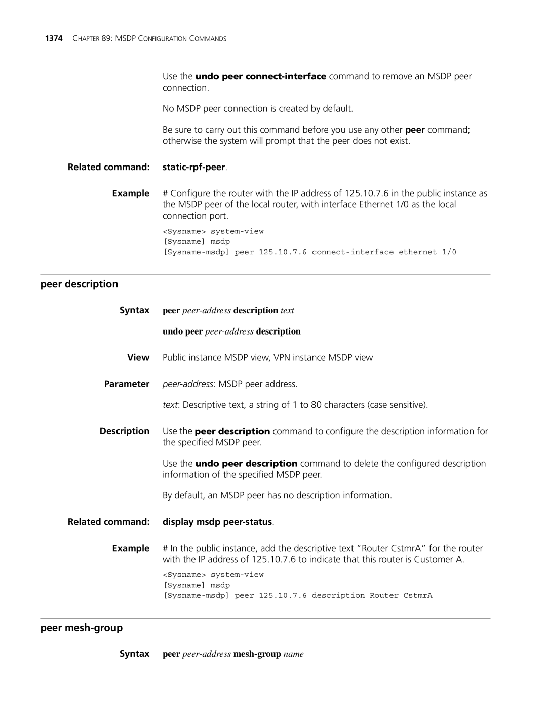 3Com MSR 30 Peer description, Peer mesh-group, Related command static-rpf-peer, Related command display msdp peer-status 