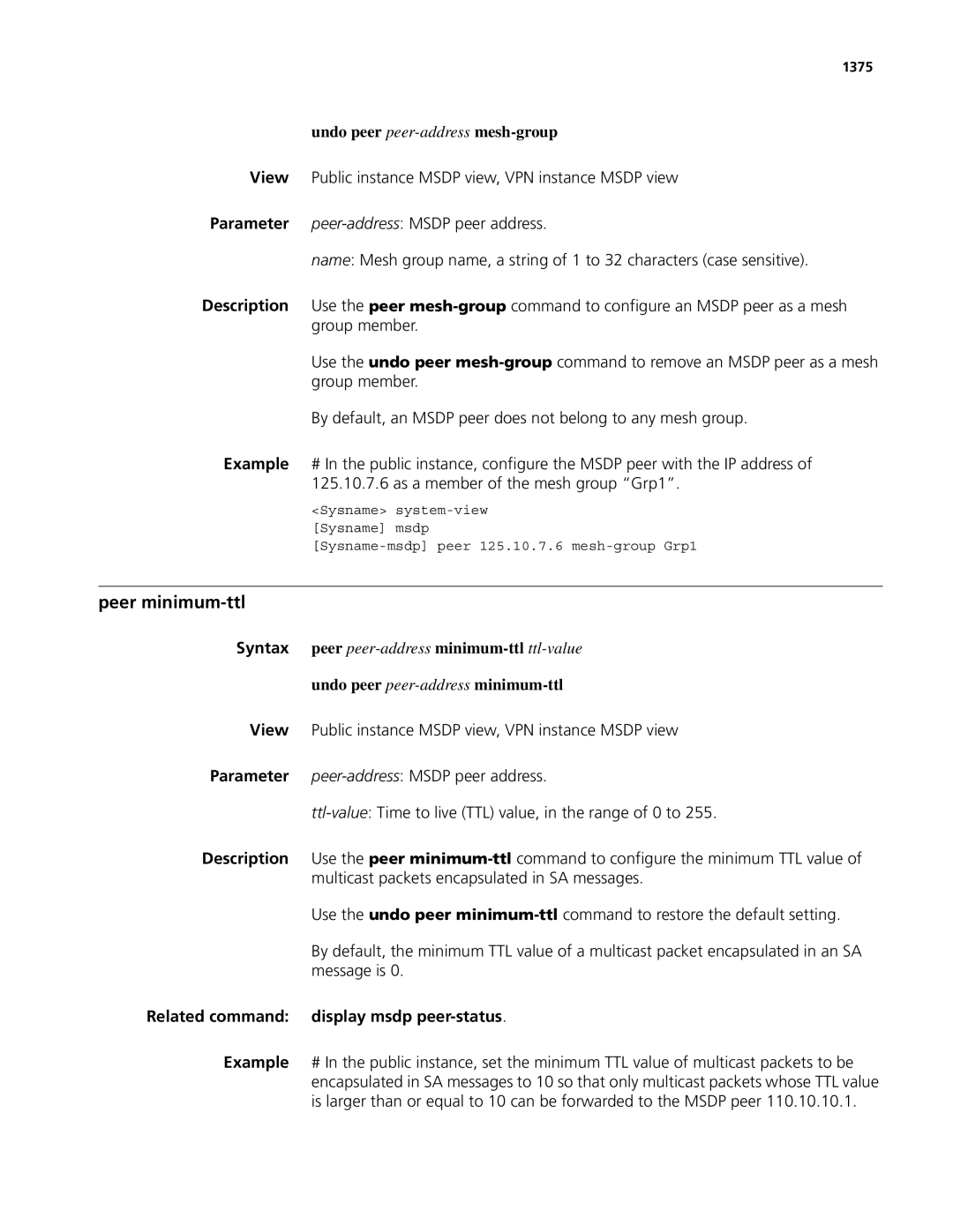 3Com MSR 50, MSR 30 manual Peer minimum-ttl, Undo peer peer-addressmesh-group, Undo peer peer-addressminimum-ttl, 1375 