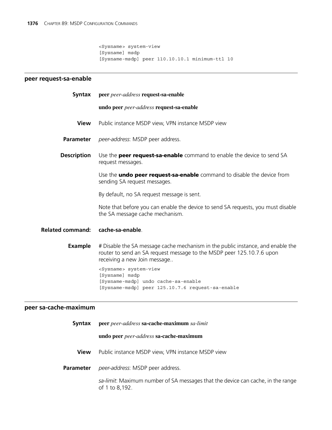 3Com MSR 30, MSR 50 manual Peer request-sa-enable, Peer sa-cache-maximum 