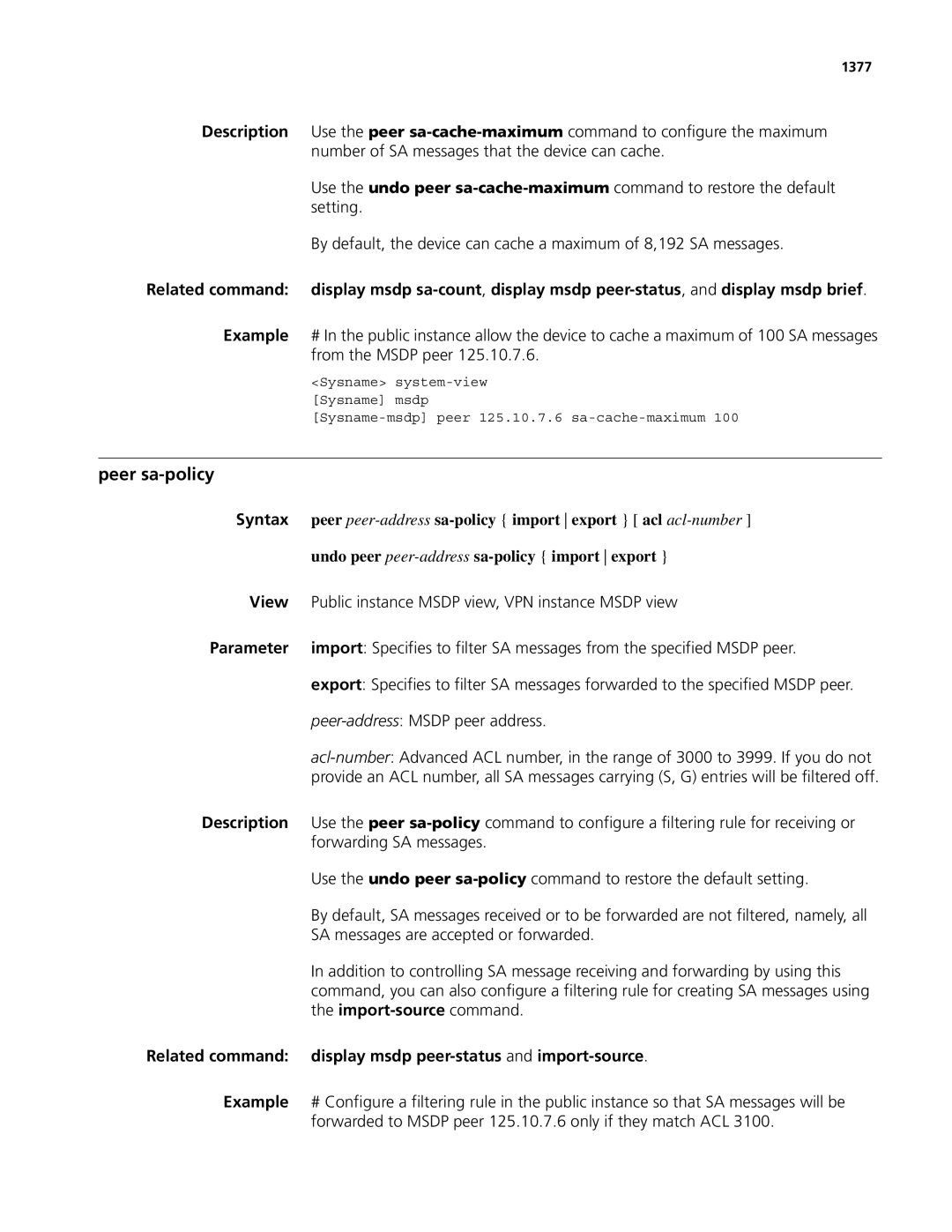 3Com MSR 50, MSR 30 Peer sa-policy, From the Msdp peer, Import-source command, Display msdp peer-status and import-source 