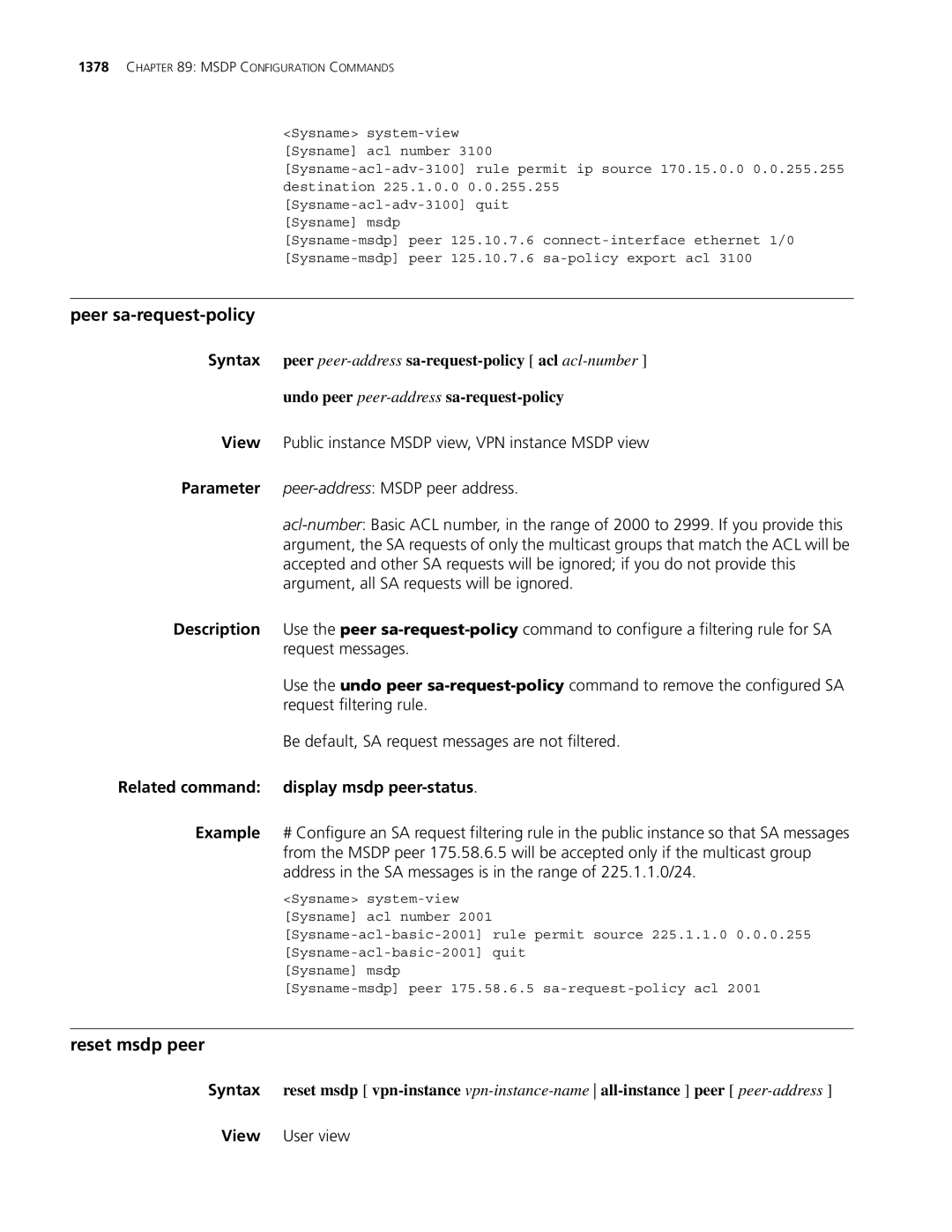 3Com MSR 30, MSR 50 manual Peer sa-request-policy, Reset msdp peer 