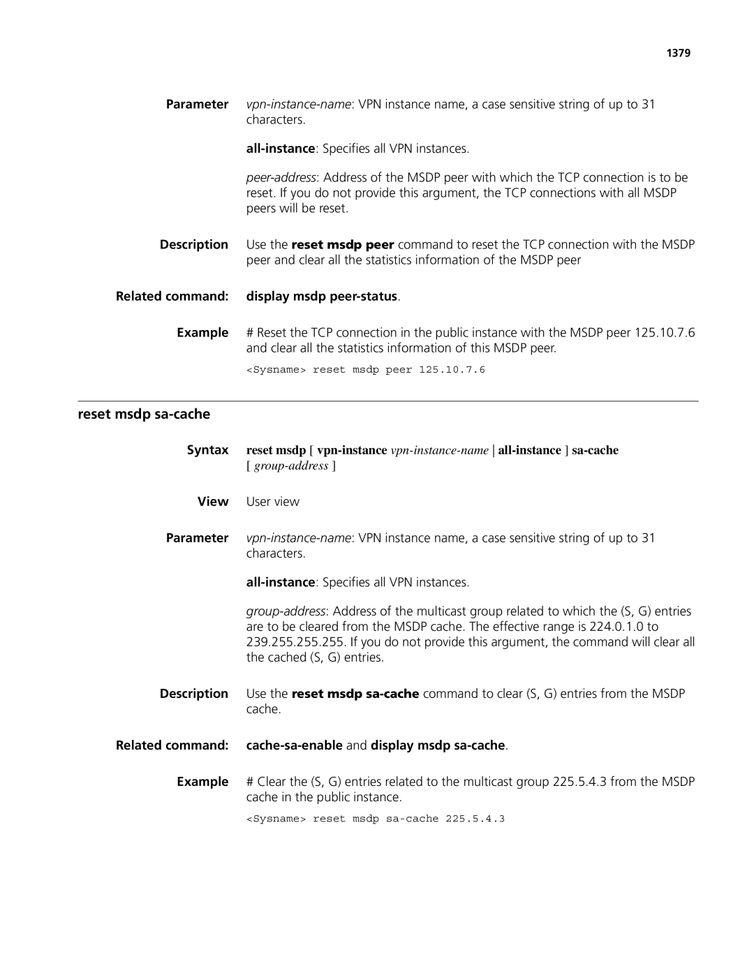 3Com MSR 50, MSR 30 manual Reset msdp sa-cache, Related command cache-sa-enableand display msdp sa-cache, 1379 