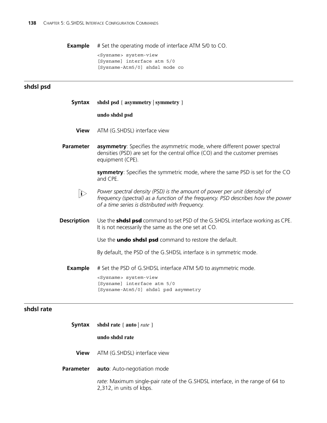 3Com MSR 30, MSR 50 manual Shdsl psd, Shdsl rate, Example # Set the operating mode of interface ATM 5/0 to CO 