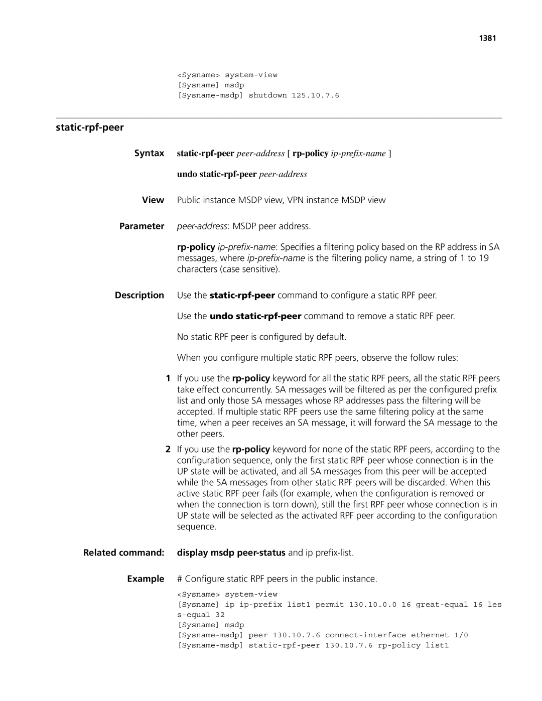 3Com MSR 50 Static-rpf-peer, Undo static-rpf-peer peer-address, Related command display msdp peer-statusand ip prefix-list 