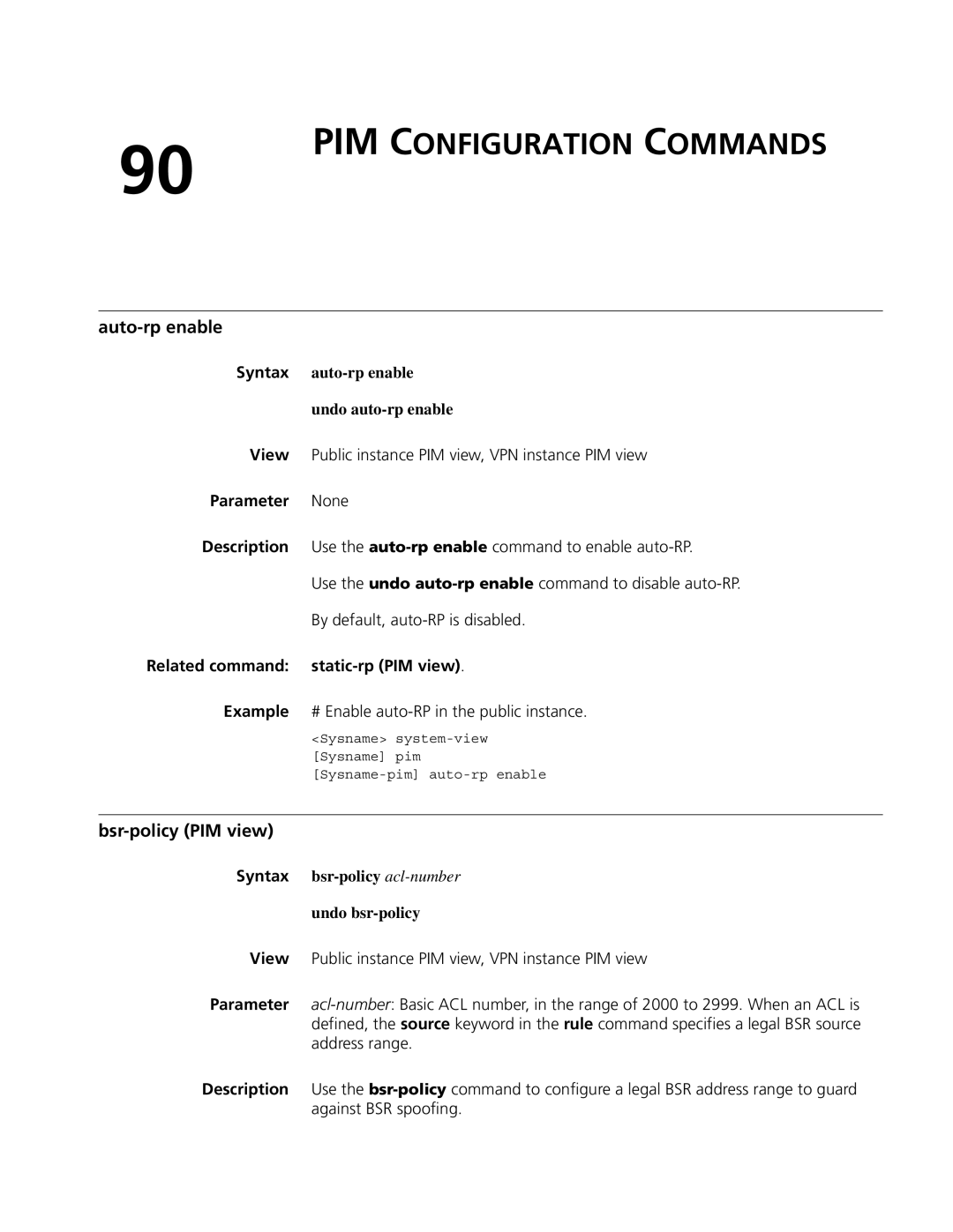 3Com MSR 50, MSR 30 PIM Configuration Commands, Auto-rp enable, Bsr-policy PIM view, Related command static-rp PIM view 