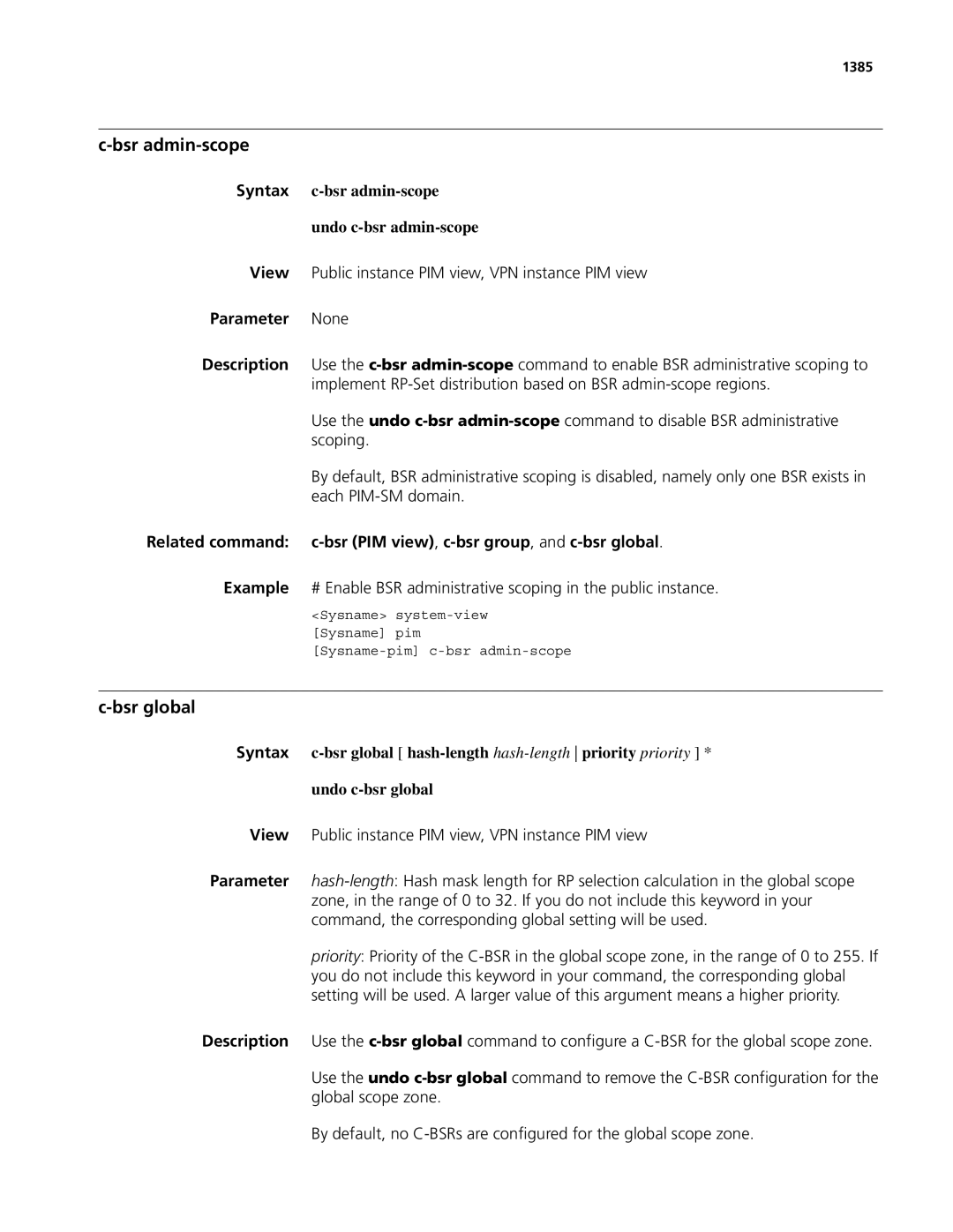 3Com MSR 50, MSR 30 manual Bsr admin-scope, Bsr global, Syntax c-bsr admin-scope Undo c-bsr admin-scope, 1385 