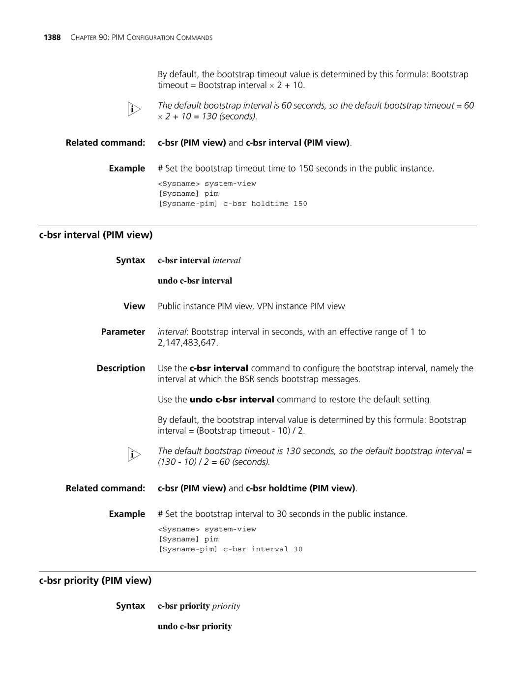 3Com MSR 30 manual Bsr interval PIM view, Bsr priority PIM view, Related command c-bsr PIM view and c-bsr interval PIM view 