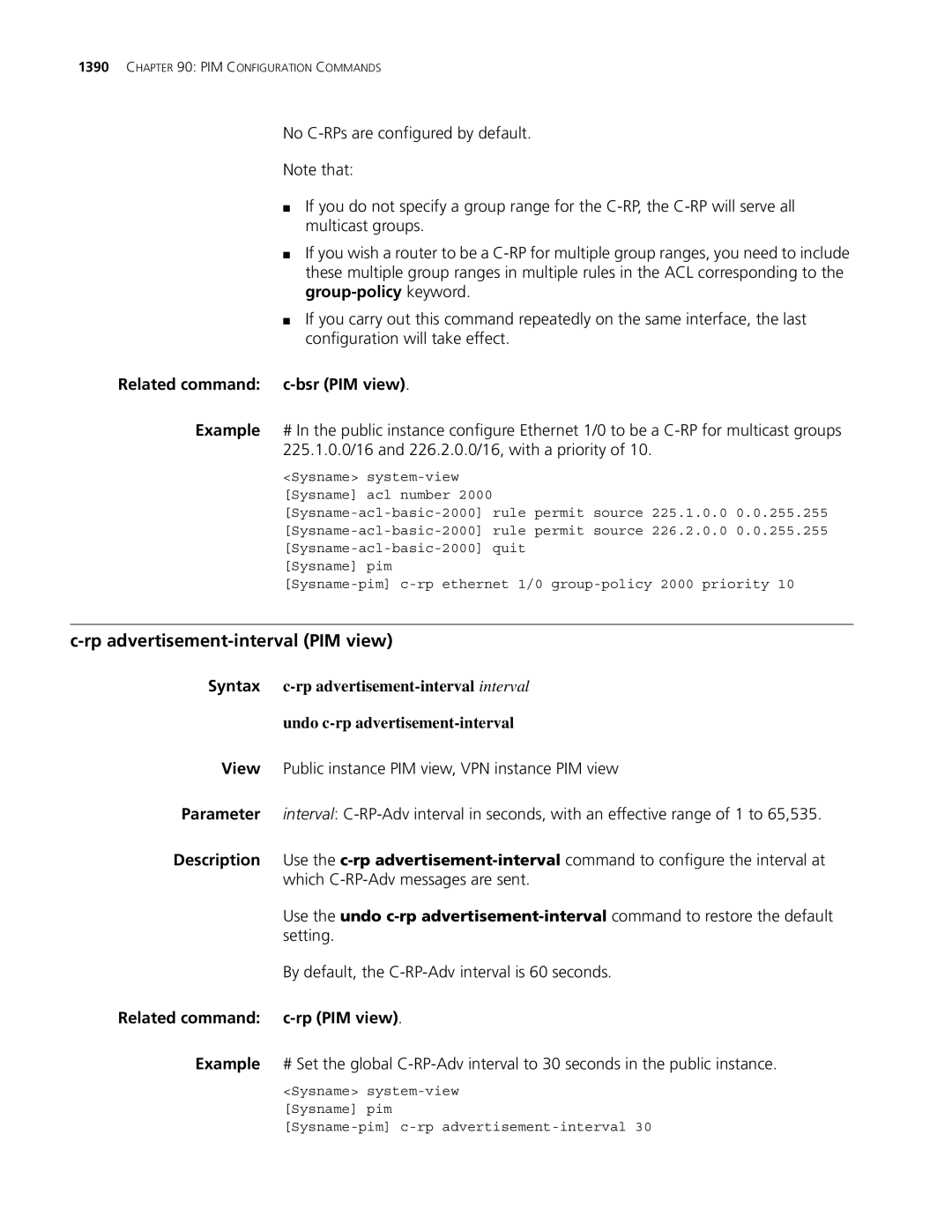 3Com MSR 30, MSR 50 Rp advertisement-interval PIM view, Related command c-bsr PIM view, Rp advertisement-interval interval 