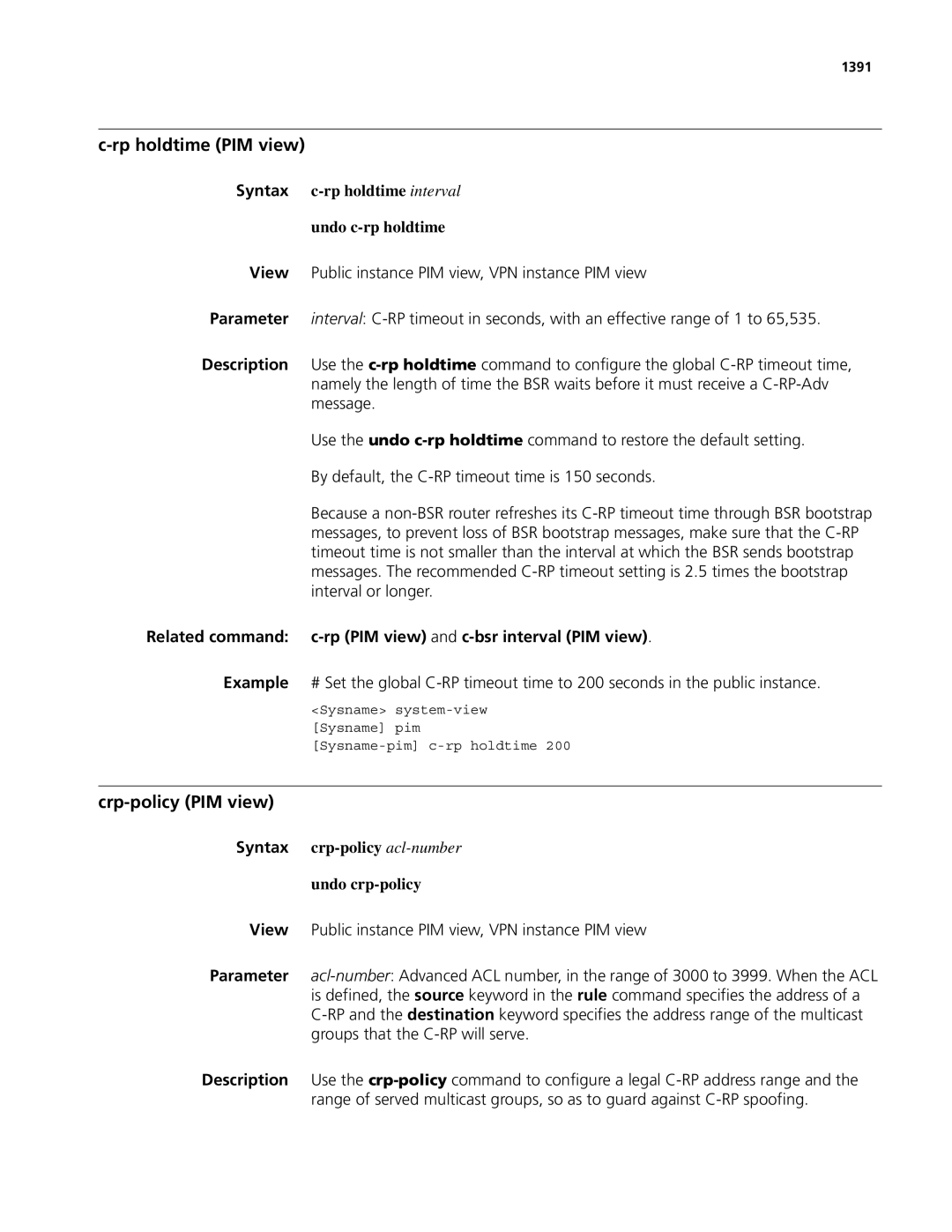 3Com MSR 50, MSR 30 manual Rp holdtime PIM view, Crp-policy PIM view, Syntax c-rp holdtime interval Undo c-rp holdtime 