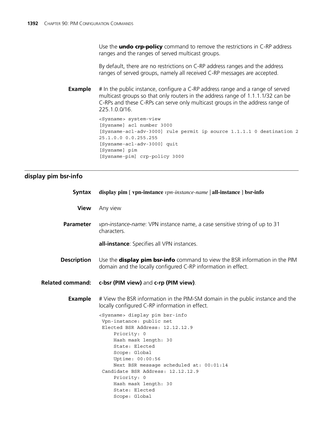 3Com MSR 30, MSR 50 manual Display pim bsr-info, Related command c-bsr PIM view and c-rp PIM view 