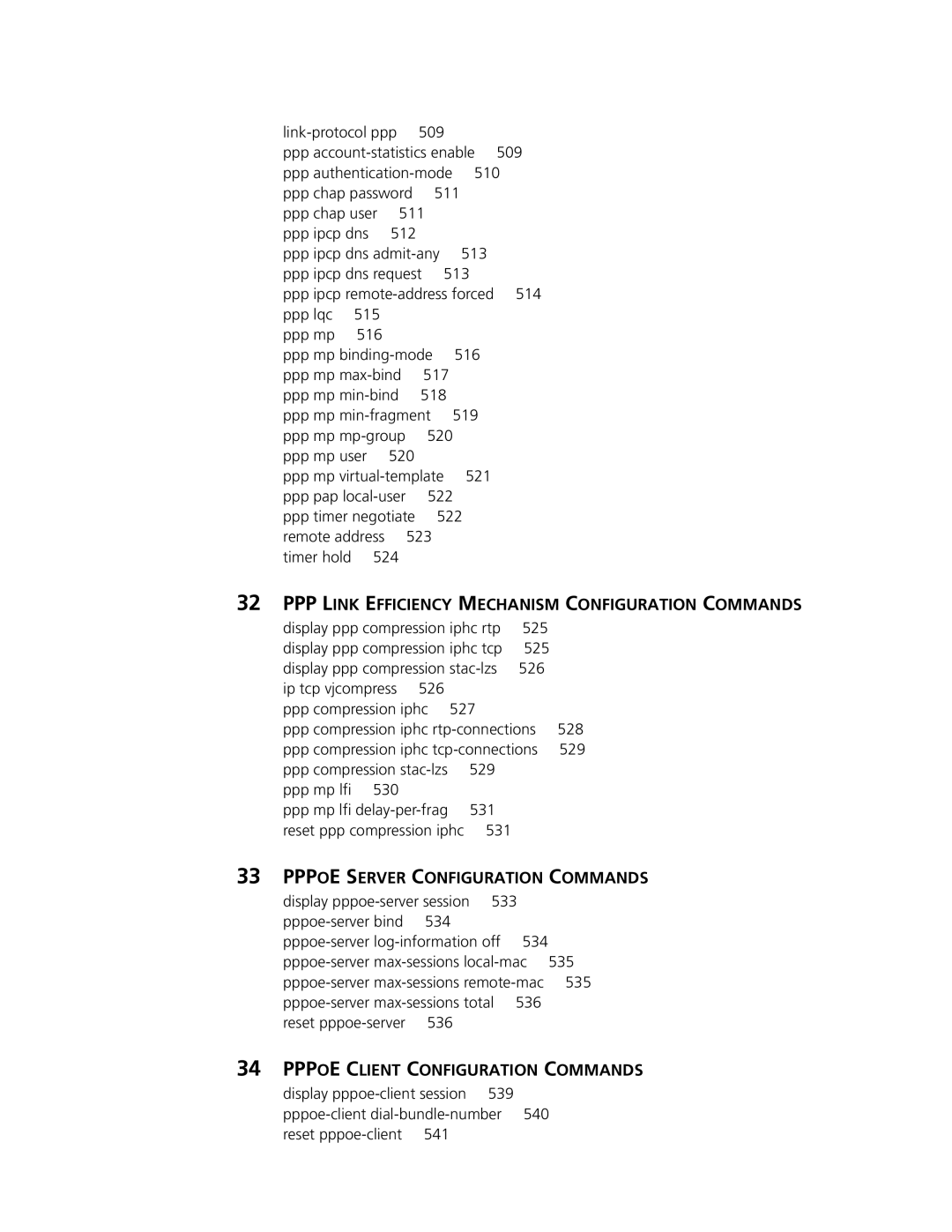 3Com MSR 30, MSR 50 manual PPP Link Efficiency Mechanism Configuration Commands, Pppoe Server Configuration Commands 