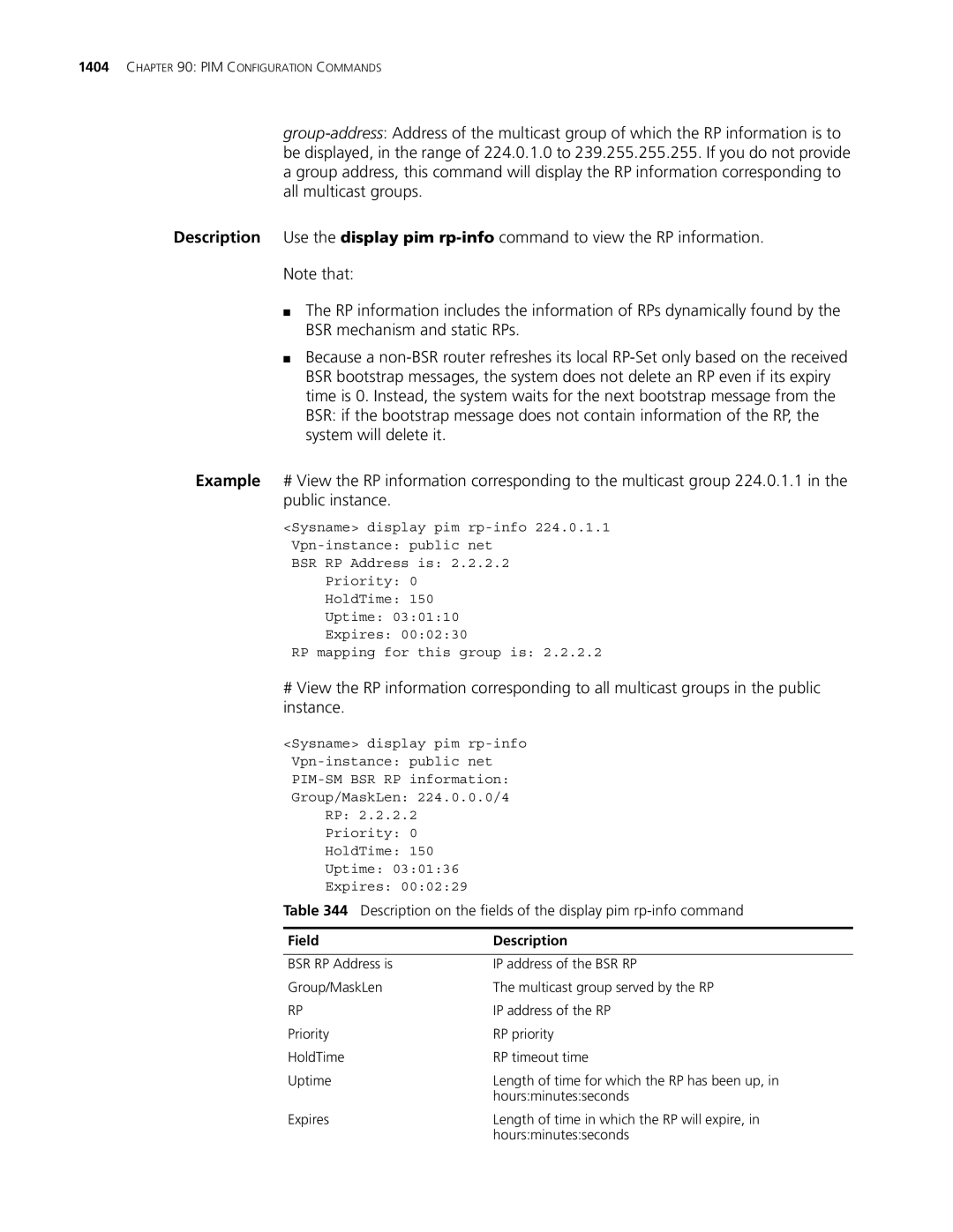 3Com MSR 30, MSR 50 manual Description on the fields of the display pim rp-info command 