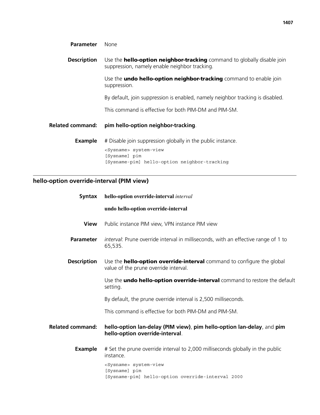 3Com MSR 50, MSR 30 manual Hello-option override-interval PIM view, Related command pim hello-optionneighbor-tracking, 1407 