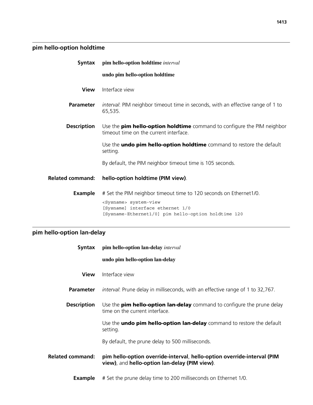 3Com MSR 50 Pim hello-option holdtime, Pim hello-option lan-delay, Related command hello-option holdtime PIM view, 1413 