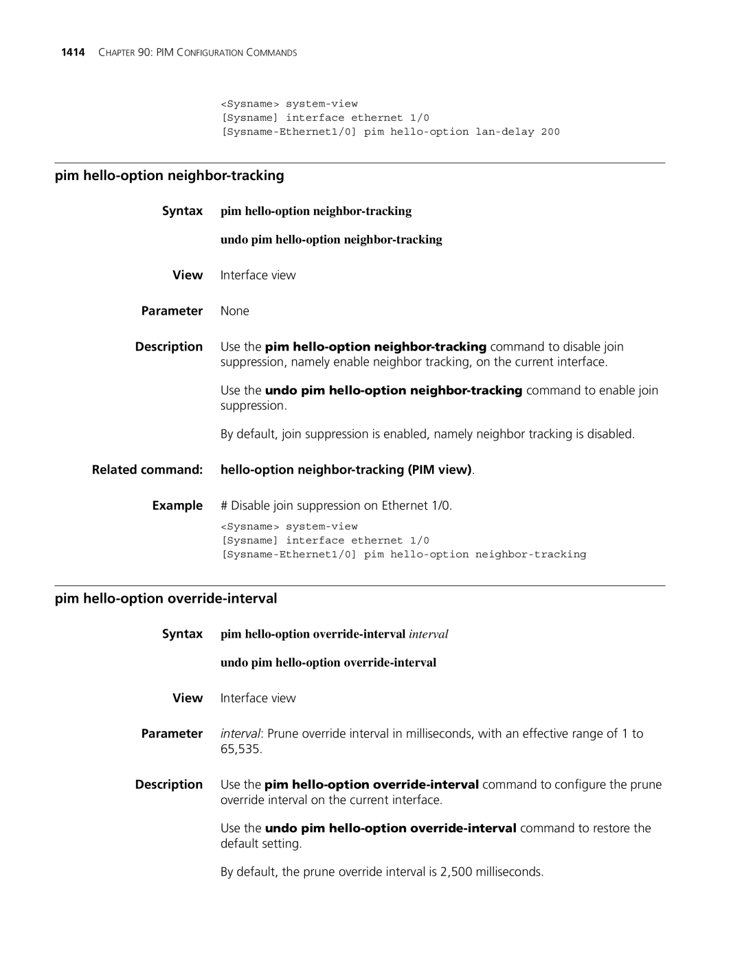 3Com MSR 30, MSR 50 manual Pim hello-option neighbor-tracking, Pim hello-option override-interval 