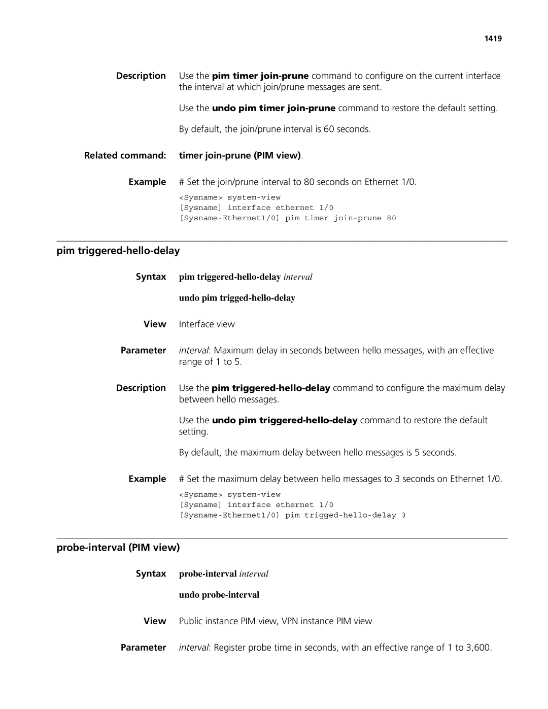 3Com MSR 50, MSR 30 Pim triggered-hello-delay, Probe-interval PIM view, Related command timer join-prune PIM view, 1419 