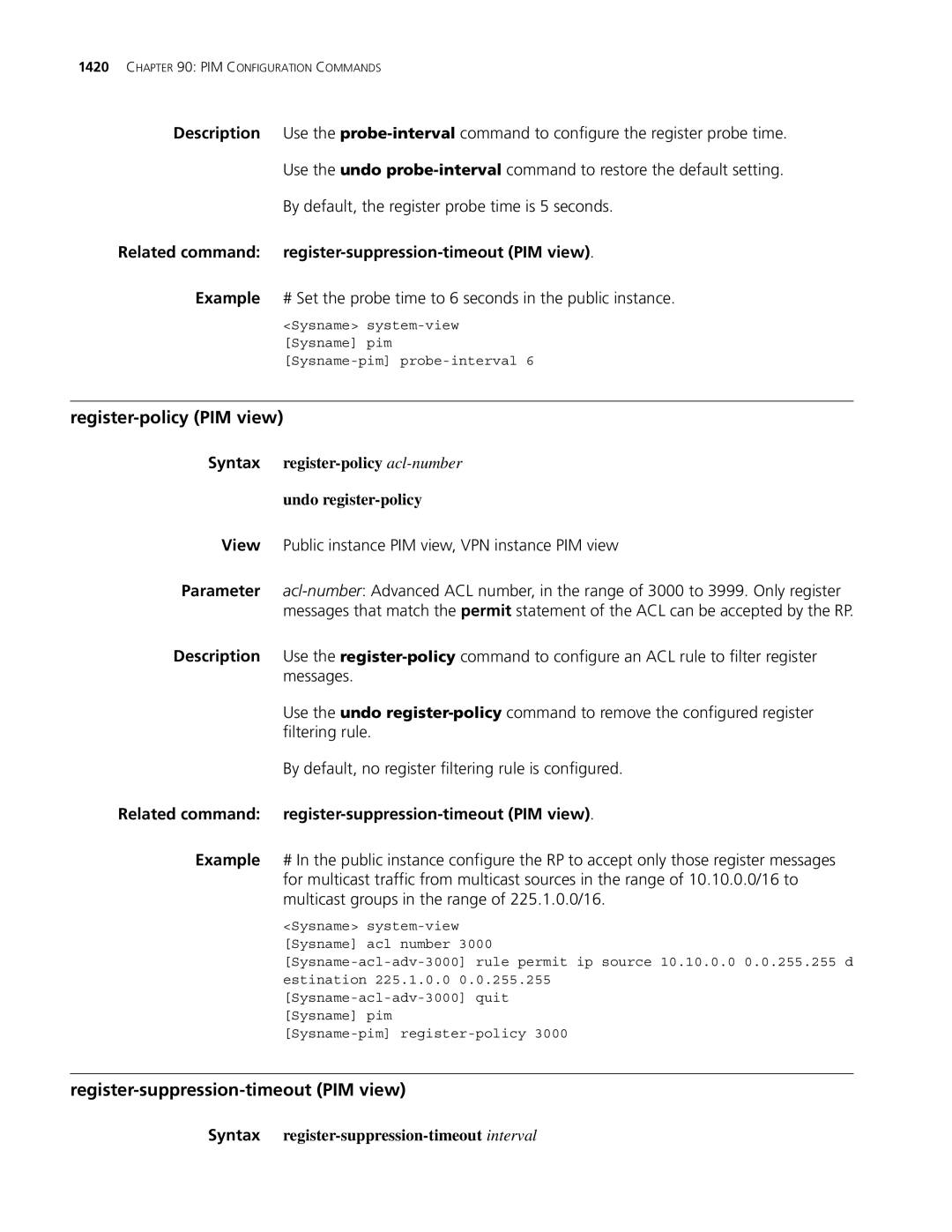 3Com MSR 30 Register-policy PIM view, Register-suppression-timeout PIM view, Syntax register-suppression-timeout interval 