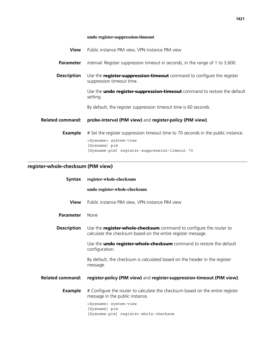 3Com MSR 50, MSR 30 manual Register-whole-checksum PIM view, Undo register-suppression-timeout, 1421 