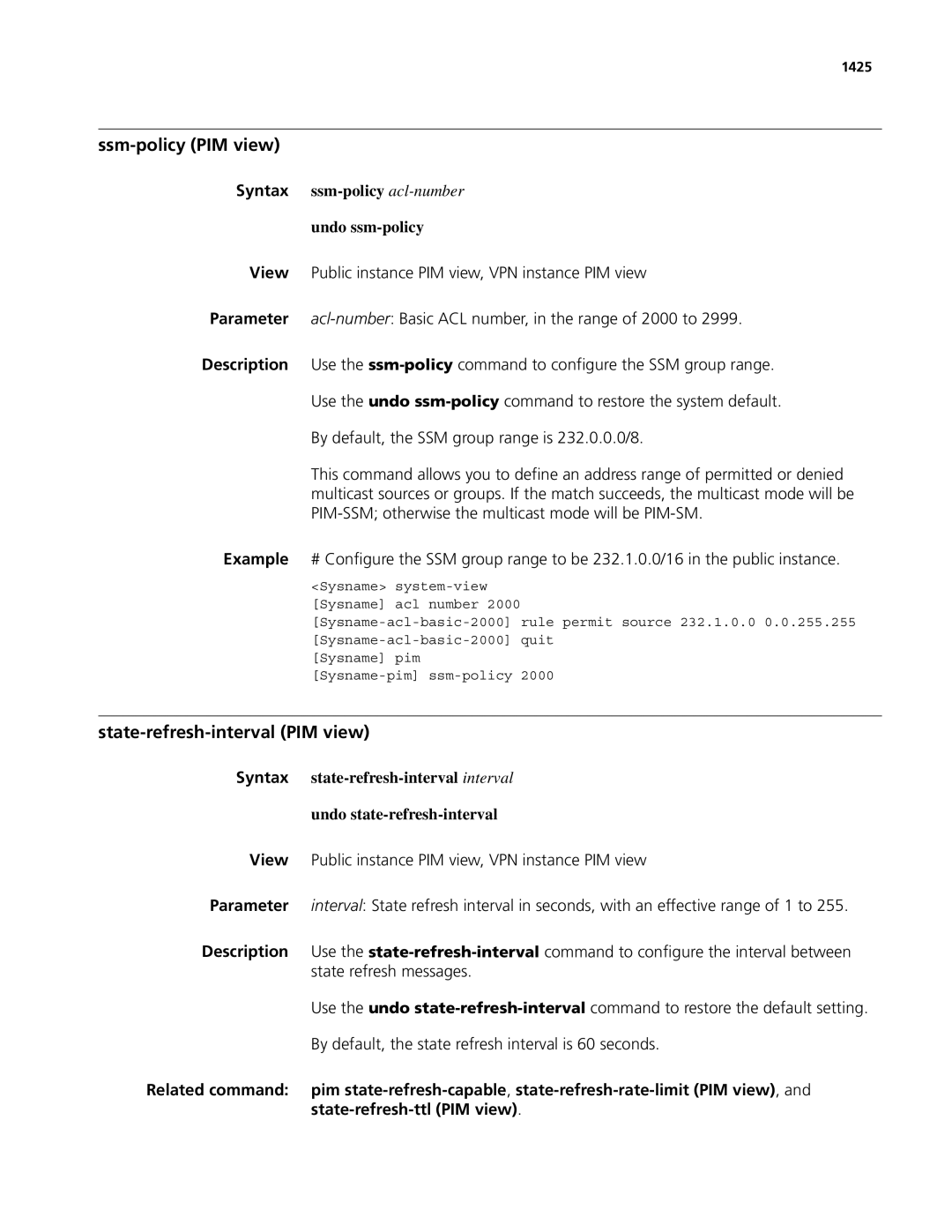 3Com MSR 50 manual Ssm-policy PIM view, State-refresh-interval PIM view, Syntax ssm-policy acl-number Undo ssm-policy, 1425 