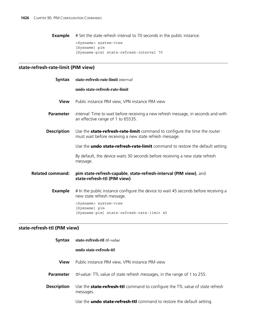 3Com MSR 30, MSR 50 manual State-refresh-rate-limit PIM view, State-refresh-ttl PIM view 