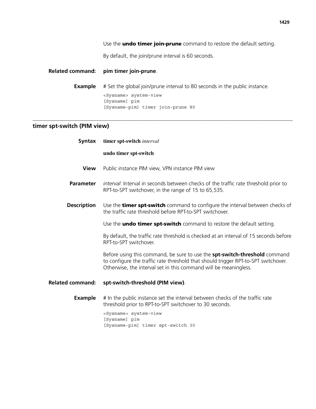 3Com MSR 50 Timer spt-switch PIM view, Related command pim timer join-prune, Related command spt-switch-threshold PIM view 