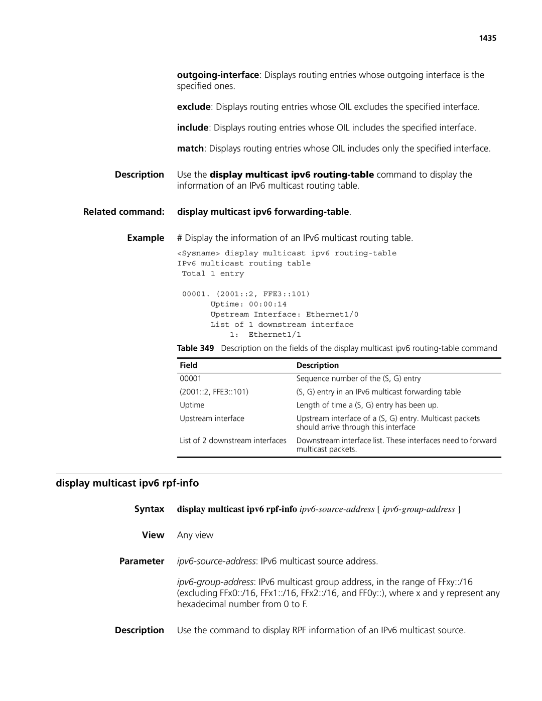 3Com MSR 50, MSR 30 manual Display multicast ipv6 rpf-info, Related command display multicast ipv6 forwarding-table, 1435 