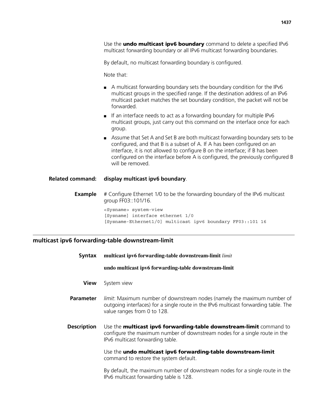 3Com MSR 50 manual Multicast ipv6 forwarding-table downstream-limit, Related command display multicast ipv6 boundary, 1437 