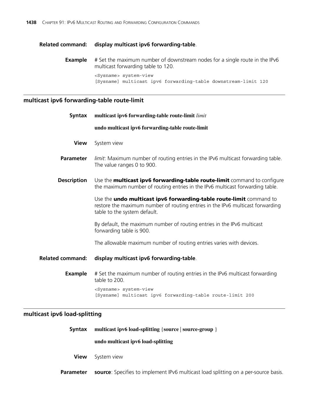 3Com MSR 30, MSR 50 manual Multicast ipv6 forwarding-table route-limit, Multicast ipv6 load-splitting 