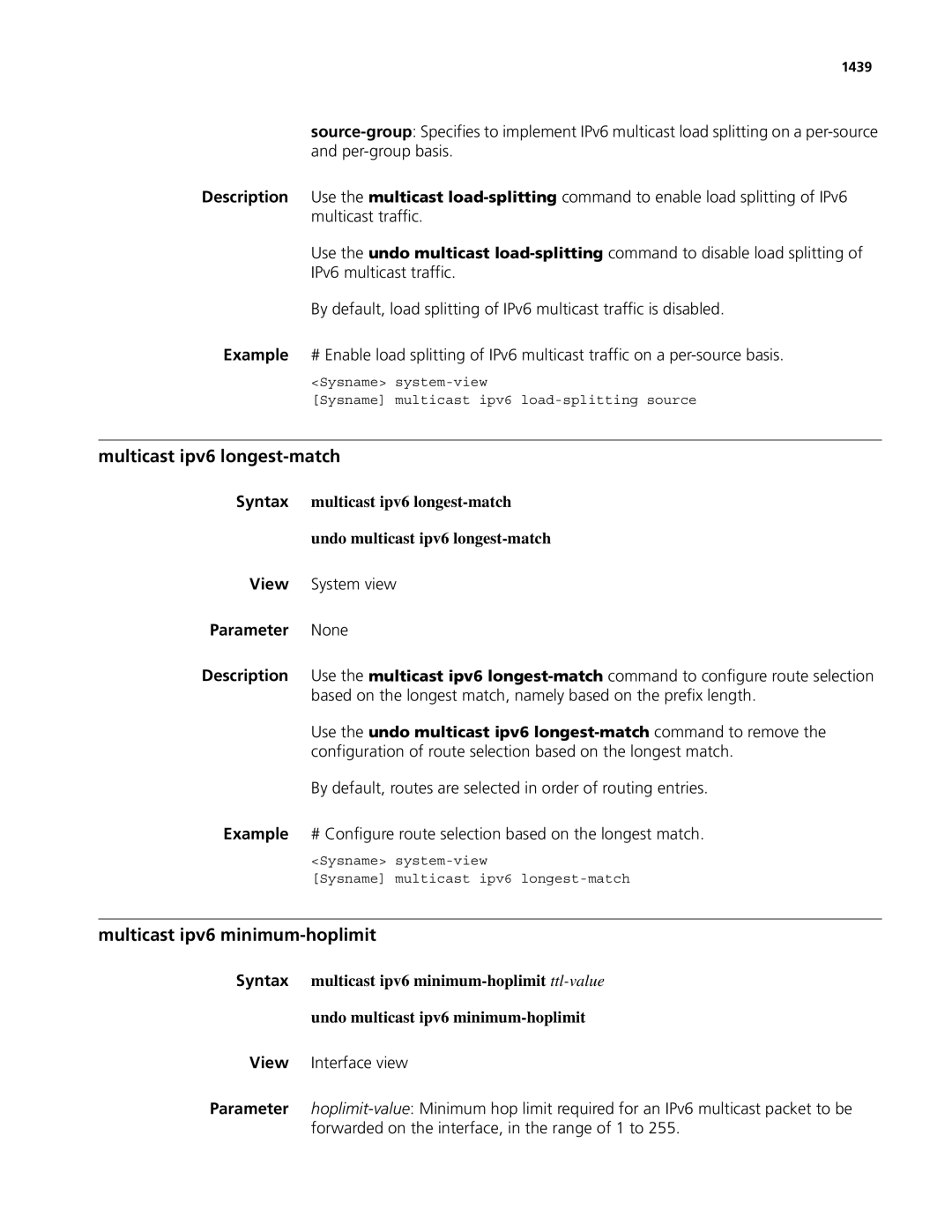 3Com MSR 50, MSR 30 manual Multicast ipv6 longest-match, Multicast ipv6 minimum-hoplimit, 1439 