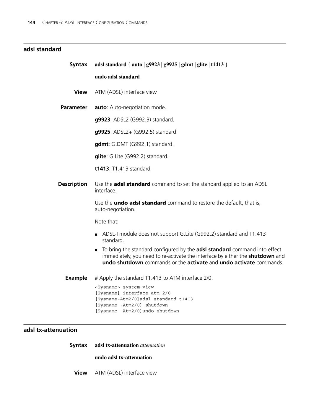 3Com MSR 30, MSR 50 manual Adsl tx-attenuation, Adsl standard auto g9923 g9925 gdmt glite t1413, Undo adsl standard 