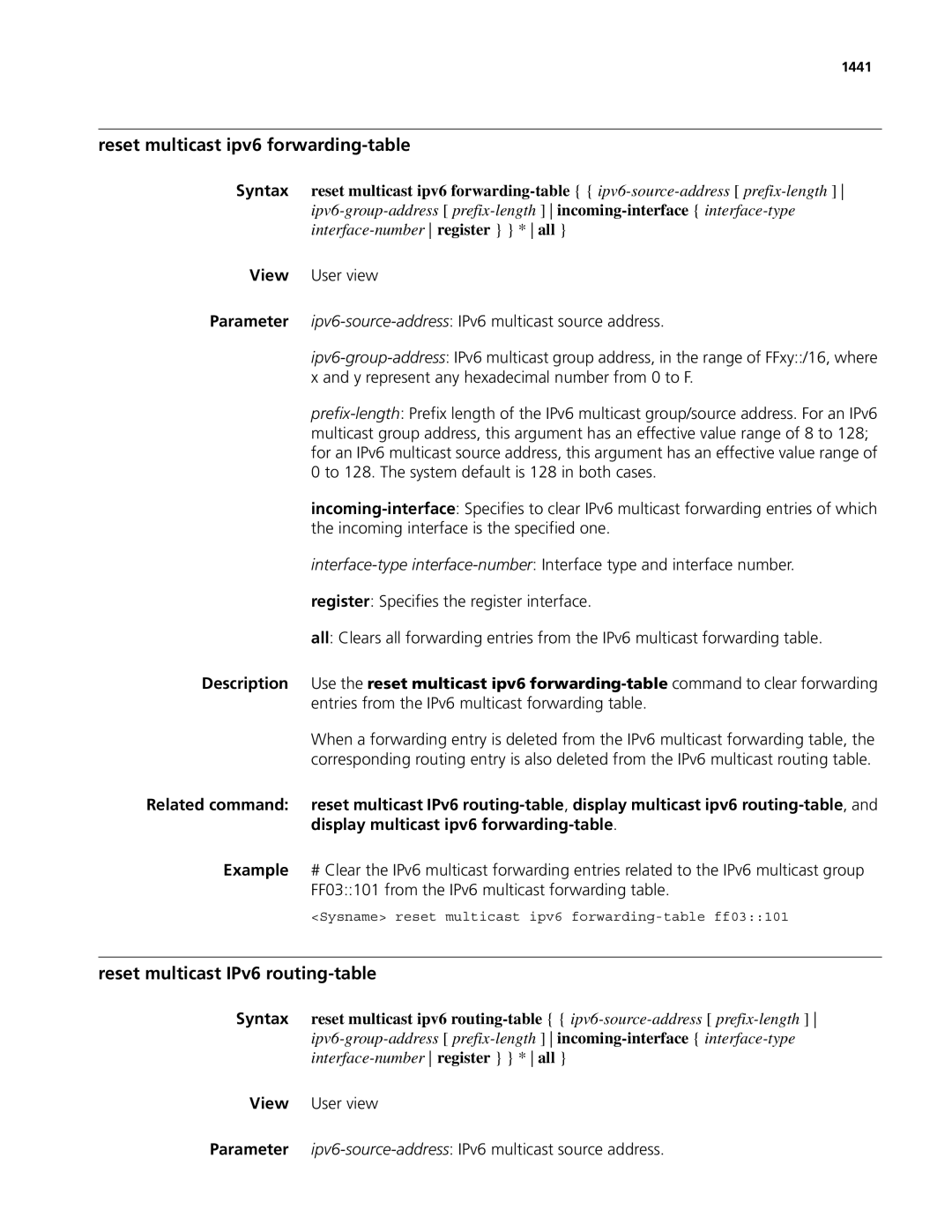 3Com MSR 50, MSR 30 manual Reset multicast ipv6 forwarding-table, Reset multicast IPv6 routing-table, 1441 