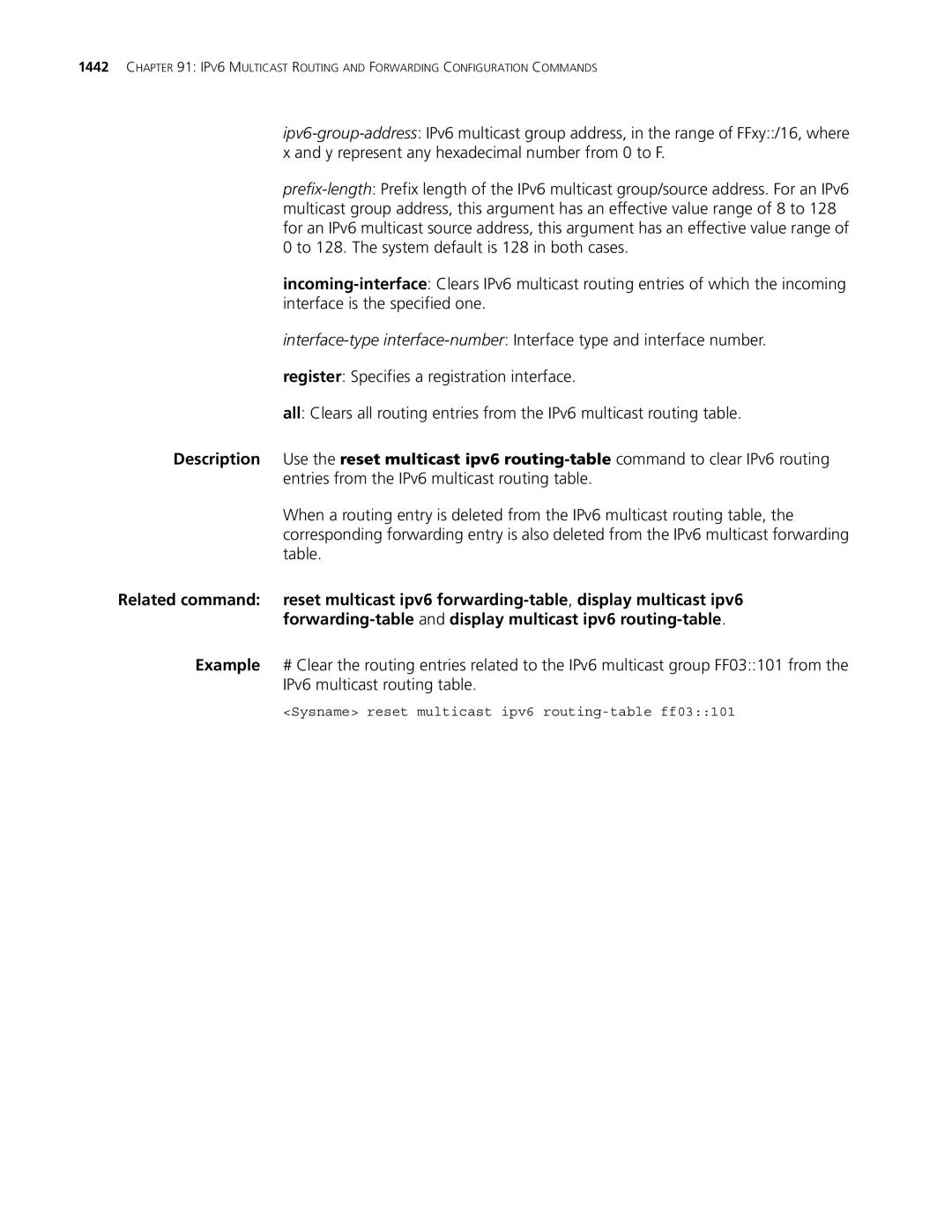 3Com MSR 30, MSR 50 manual Sysname reset multicast ipv6 routing-table ff03101 