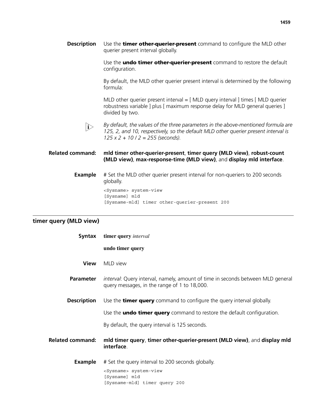 3Com MSR 50, MSR 30 manual Timer query MLD view, Related command, Timer query interval 