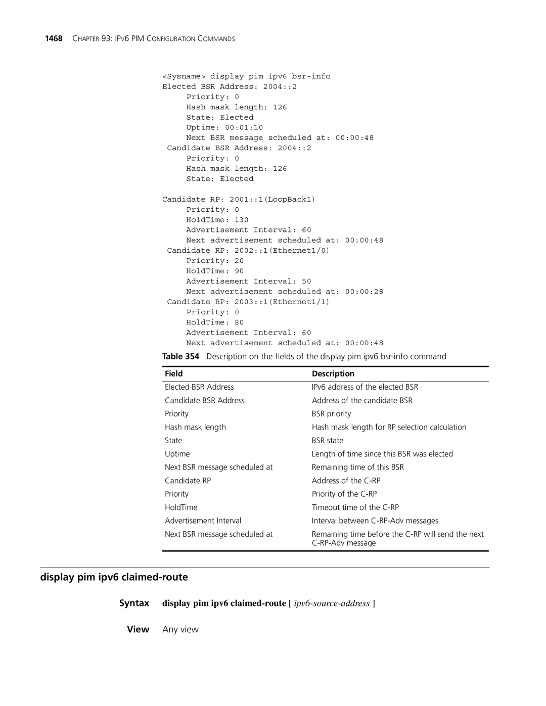 3Com MSR 30, MSR 50 manual Display pim ipv6 claimed-route, Syntax display pim ipv6 claimed-route ipv6-source-address 