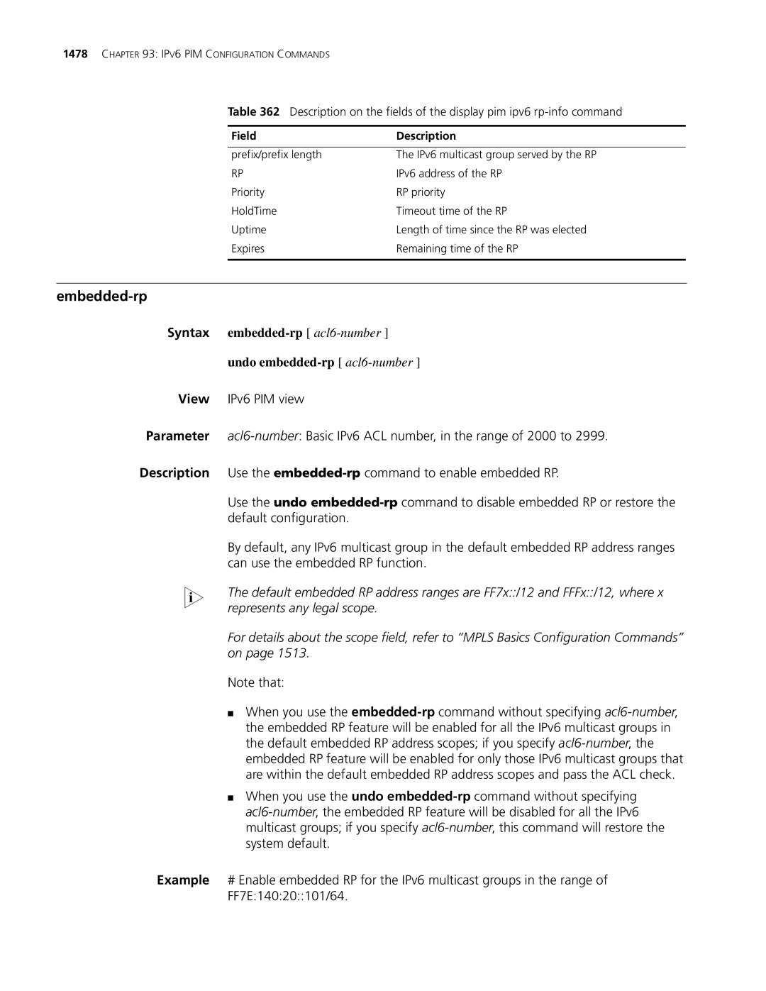 3Com MSR 30, MSR 50 manual Embedded-rp, Syntax embedded-rp acl6-number Undo embedded-rp acl6-number 