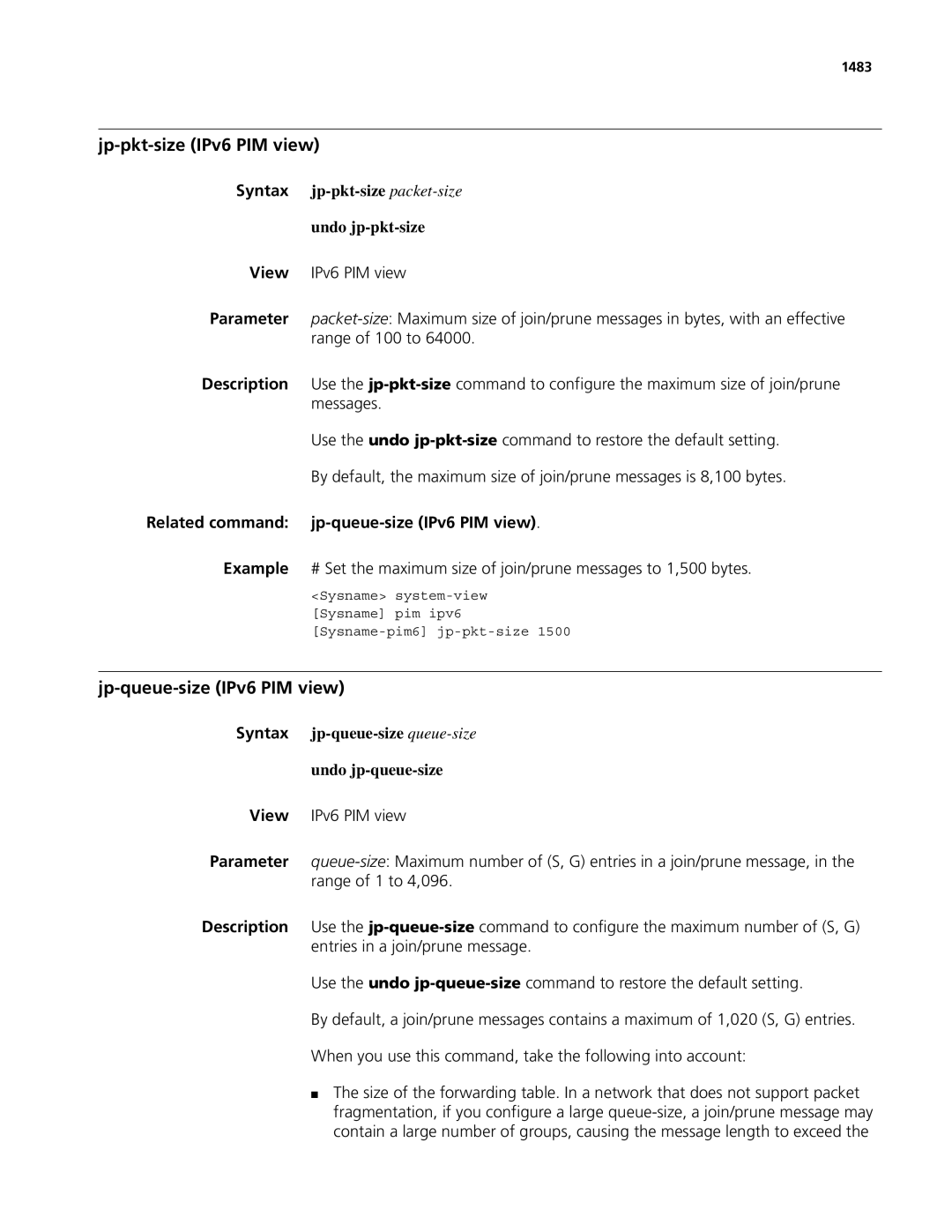 3Com MSR 50 Jp-pkt-size IPv6 PIM view, Jp-queue-size IPv6 PIM view, Related command jp-queue-size IPv6 PIM view, 1483 