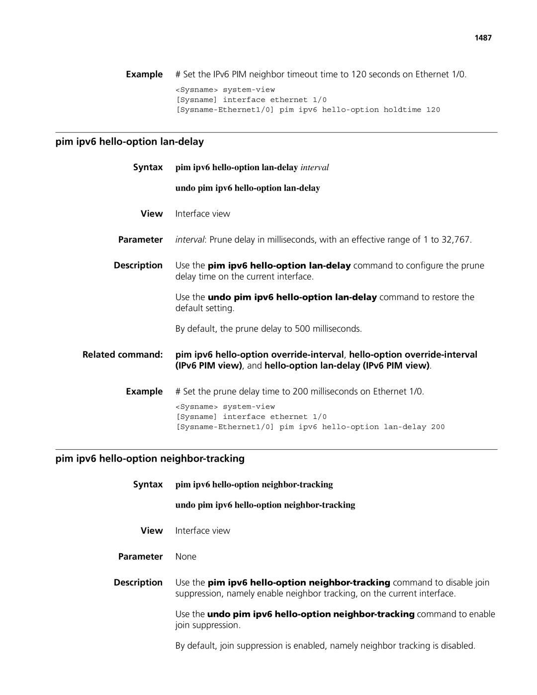 3Com MSR 50, MSR 30 manual Pim ipv6 hello-option lan-delay, Pim ipv6 hello-option neighbor-tracking, 1487 