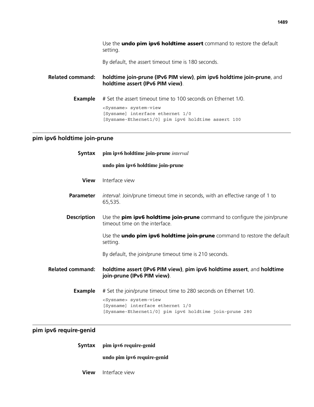 3Com MSR 50, MSR 30 manual Pim ipv6 holdtime join-prune, Pim ipv6 require-genid, 1489 