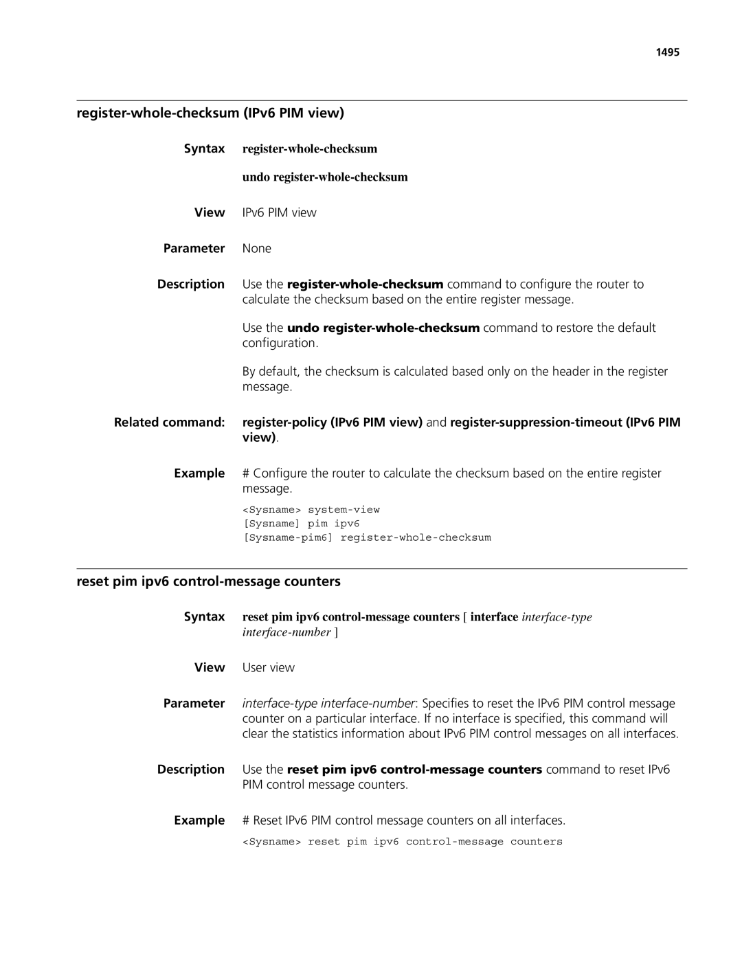 3Com MSR 50, MSR 30 manual Register-whole-checksum IPv6 PIM view, Reset pim ipv6 control-message counters, 1495 