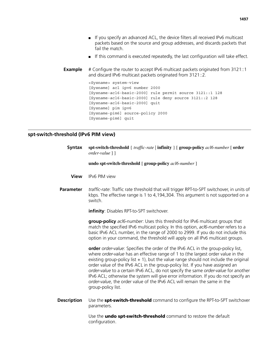 3Com MSR 50, MSR 30 manual Spt-switch-threshold IPv6 PIM view, Undo spt-switch-threshold group-policy acl6-number, 1497 