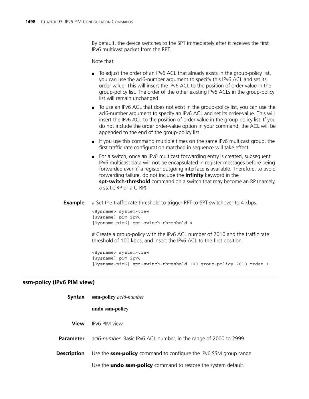 3Com MSR 30, MSR 50 manual Ssm-policy IPv6 PIM view, Syntax ssm-policy acl6-number Undo ssm-policy 