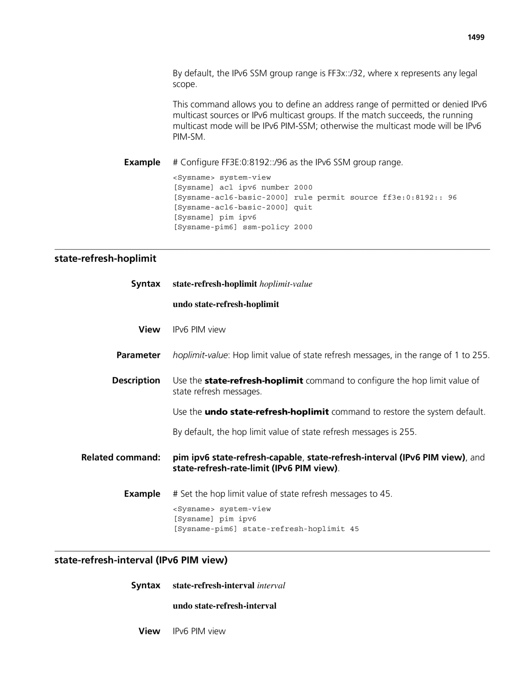 3Com MSR 50, MSR 30 manual State-refresh-hoplimit, State-refresh-interval IPv6 PIM view, 1499 