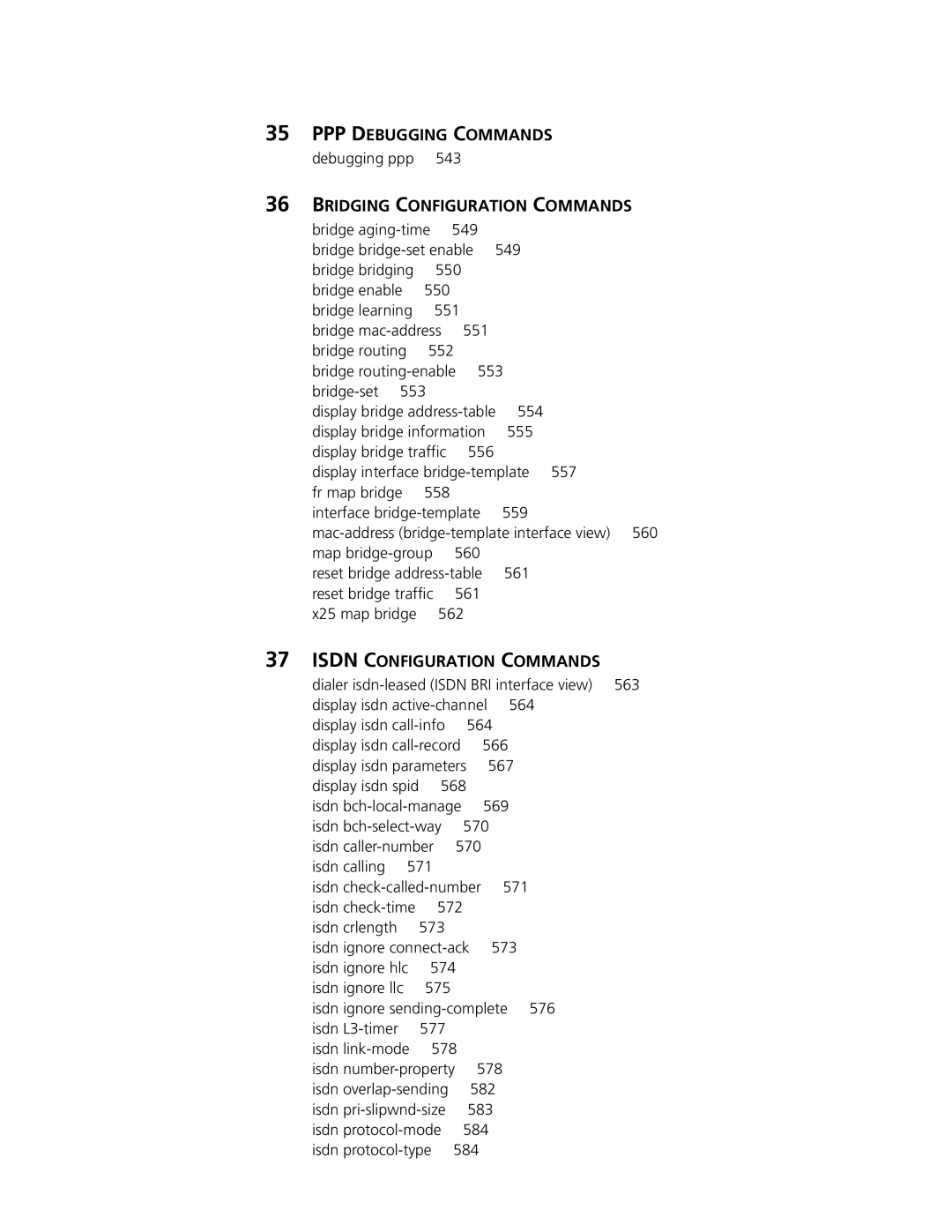 3Com MSR 50 manual PPP Debugging Commands, Bridging Configuration Commands, Isdn Configuration Commands, Debugging ppp, 571 